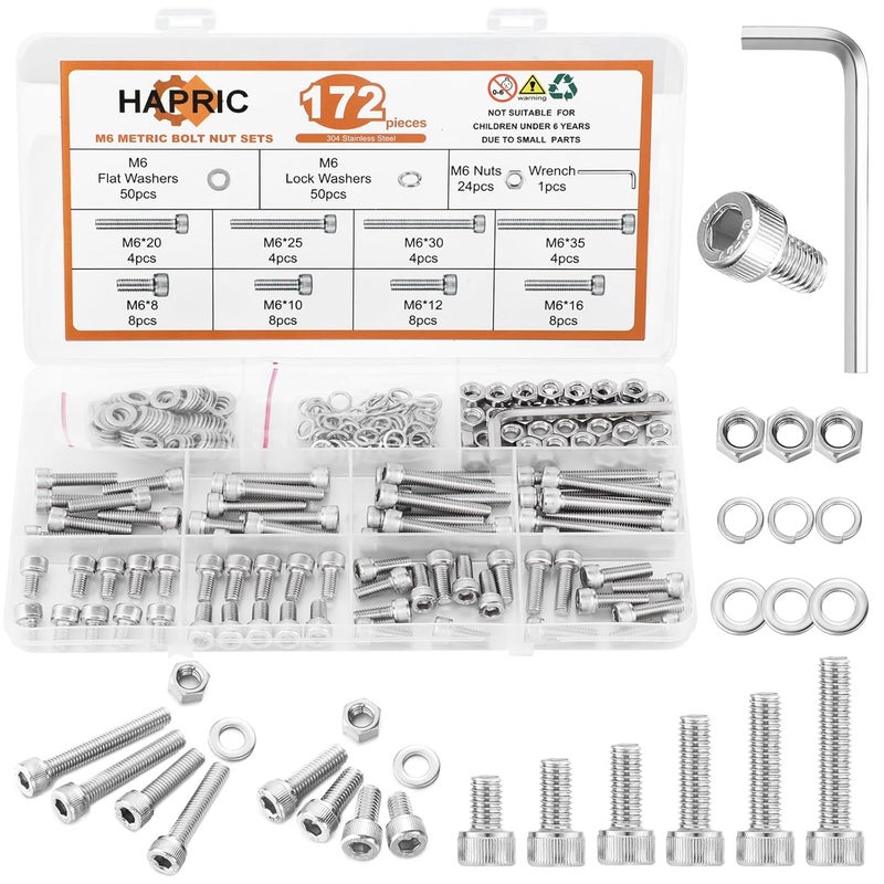 Hapric 172 Pcs M6 Screws Assortment Kit, M6x 8/10/12/16/20/25/30/35mm M6 Bolts Kit, 304 Stainless Steel Hex Socket Head Screws Nuts Bolts and Washers Set - Image 1